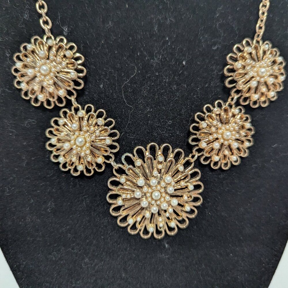 Vintage Runway Statement Gold Tone w/ Flowers w/ Faux Pearls Necklace